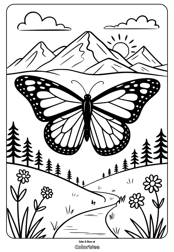 Butterfly coloring page with mountains and flowers landscape.