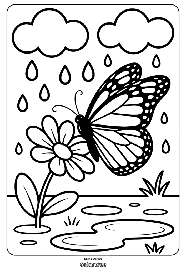 Butterfly on flower coloring page with rain clouds and droplets.