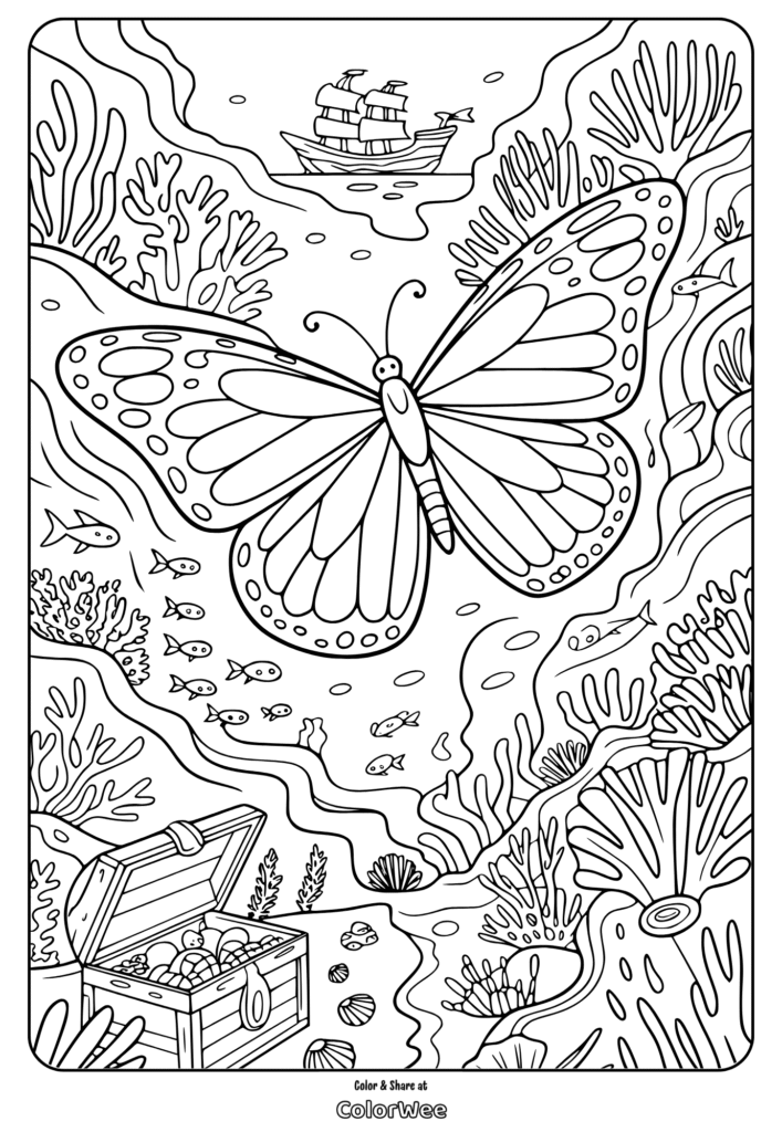 Underwater butterfly and treasure chest coloring page.