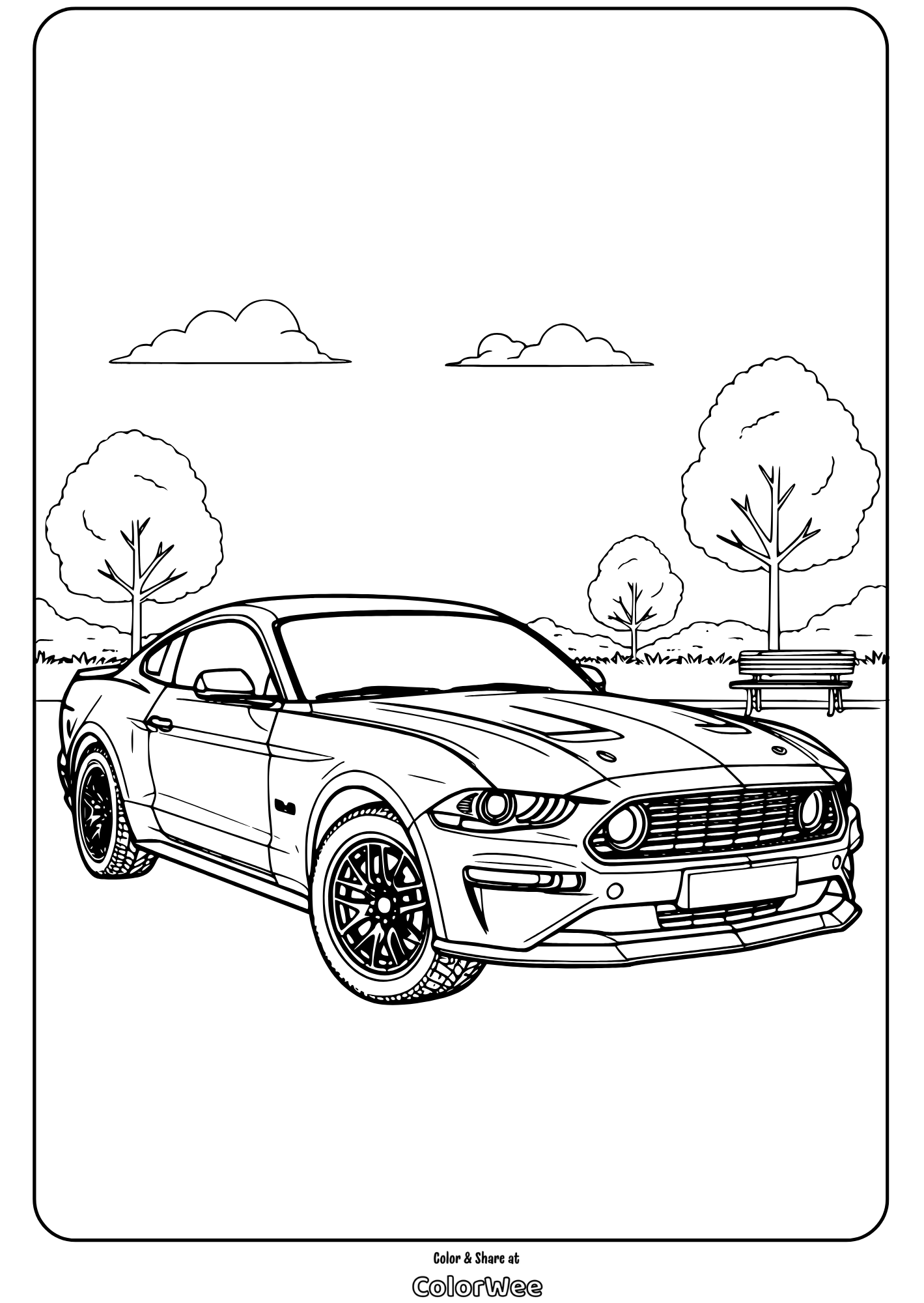 Sports car coloring page with trees and bench in the background.