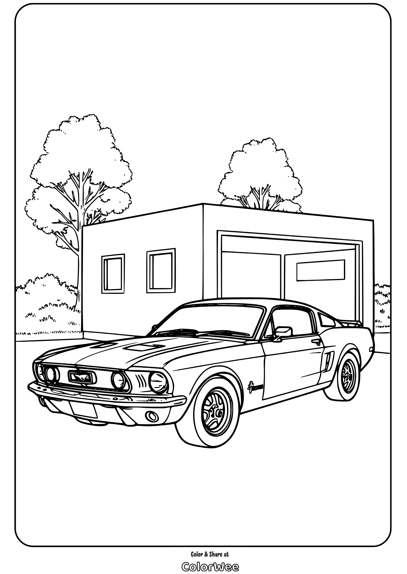 Classic car in front of a garage coloring page.