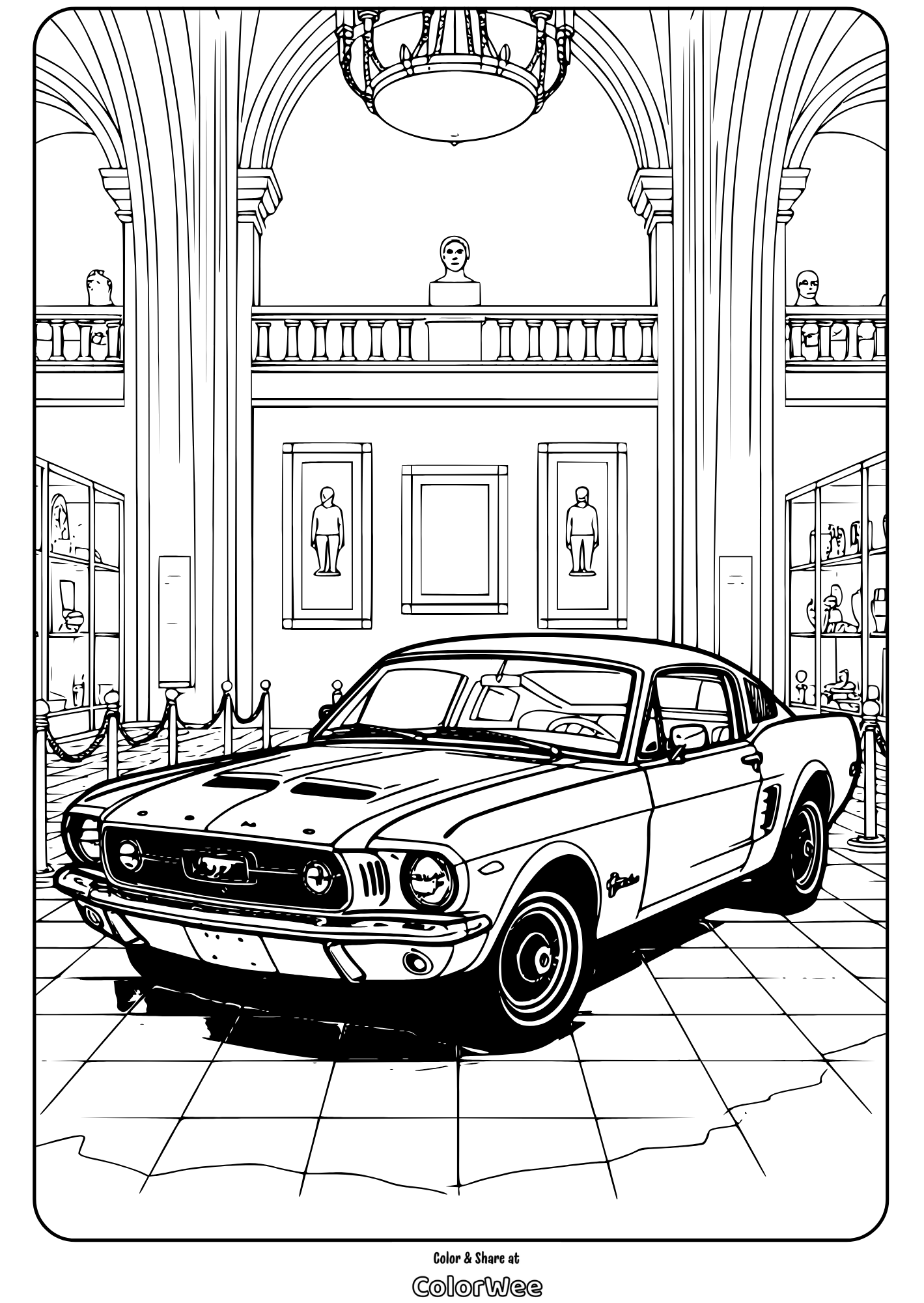 Classic car coloring page in elegant museum setting.