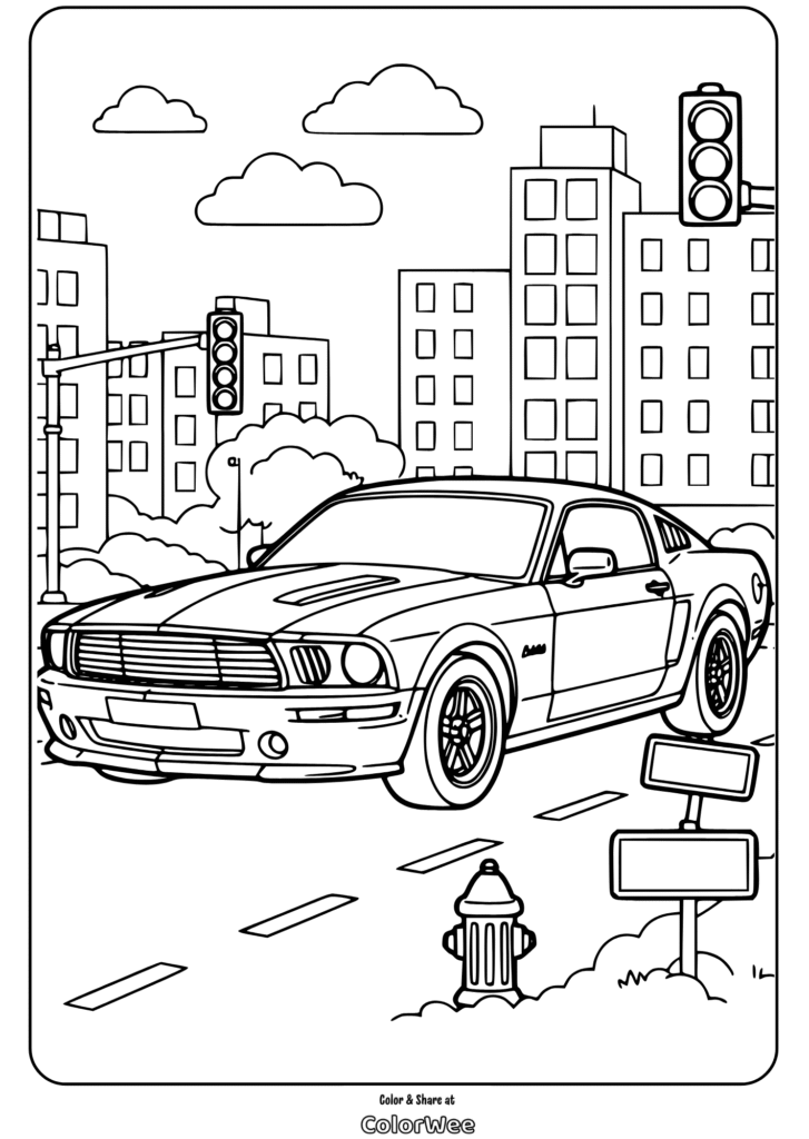 Classic car in a city street coloring page.