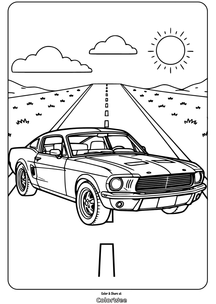 Classic car on an open road, sunny day coloring page.