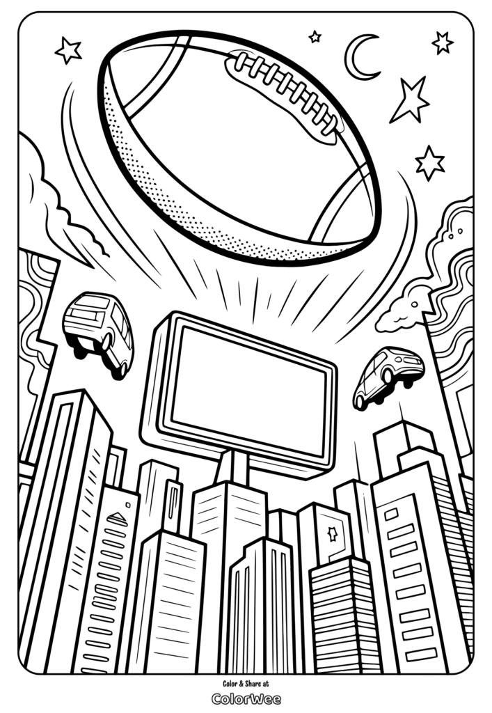 Flying football over cityscape with stars and vehicles: coloring page.