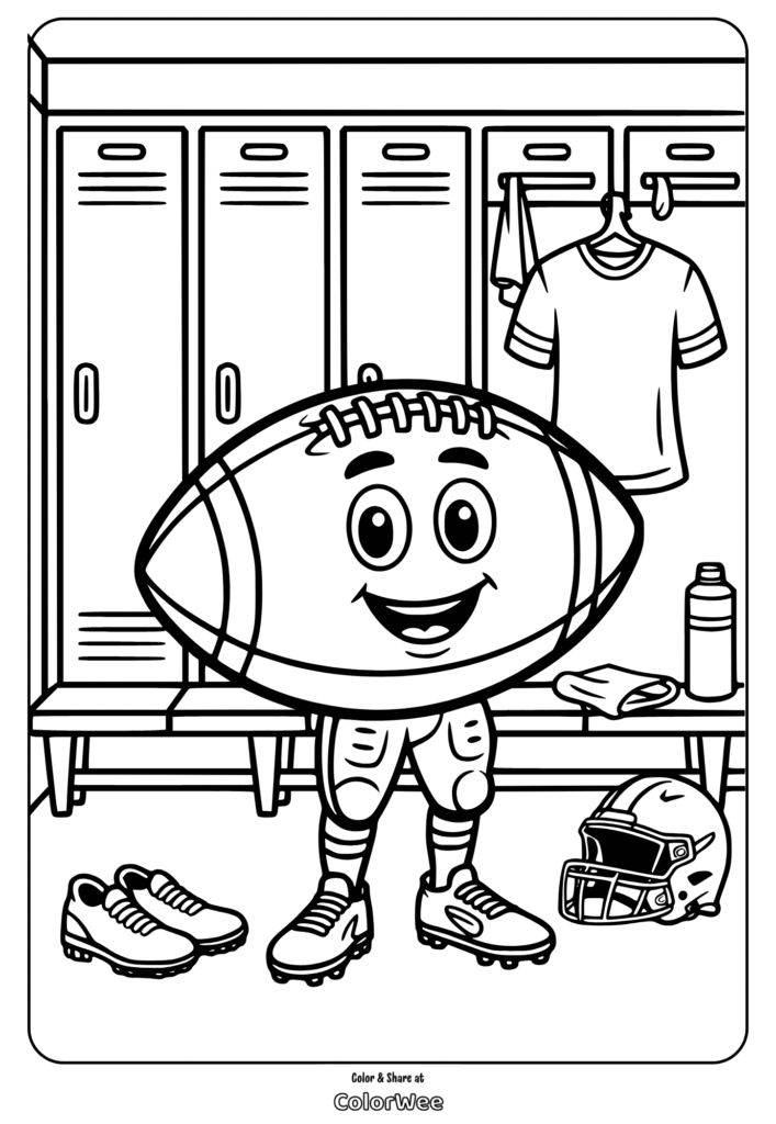 Friendly football in locker room coloring page for kids.