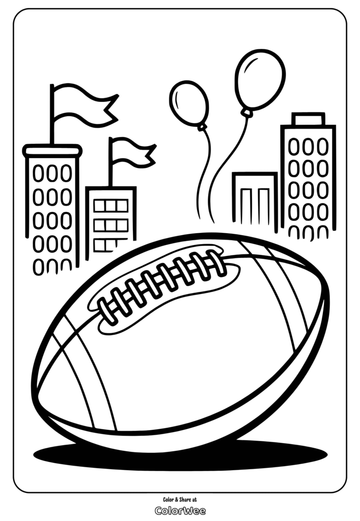 Football coloring page with cityscape background and balloons.