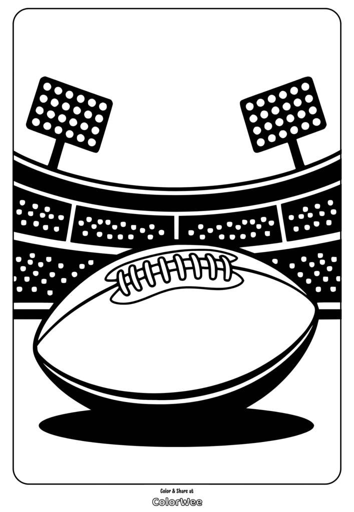 American football coloring page with stadium background.