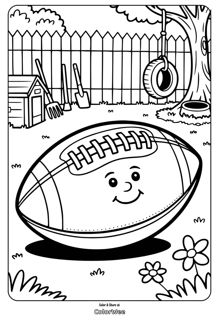 Smiling football in a backyard scene coloring page.