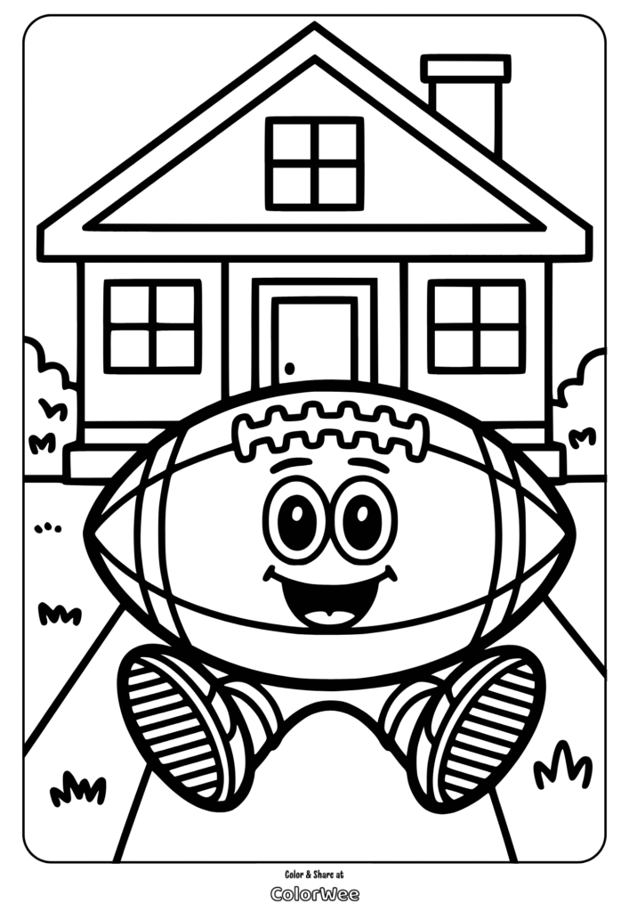 Smiling football character in front of a house coloring page.