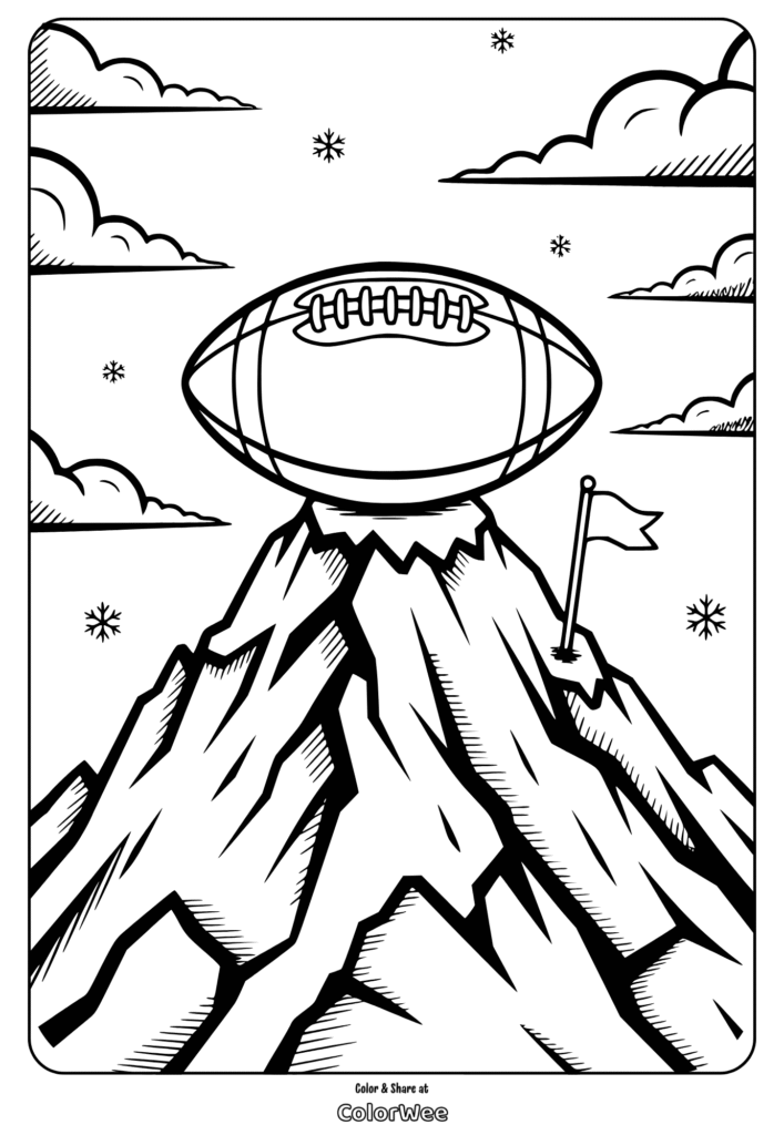 Football on a mountain peak coloring page for kids.