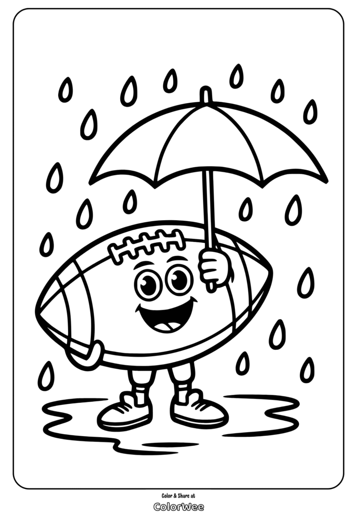 Smiling cartoon football with an umbrella in the rain coloring page.