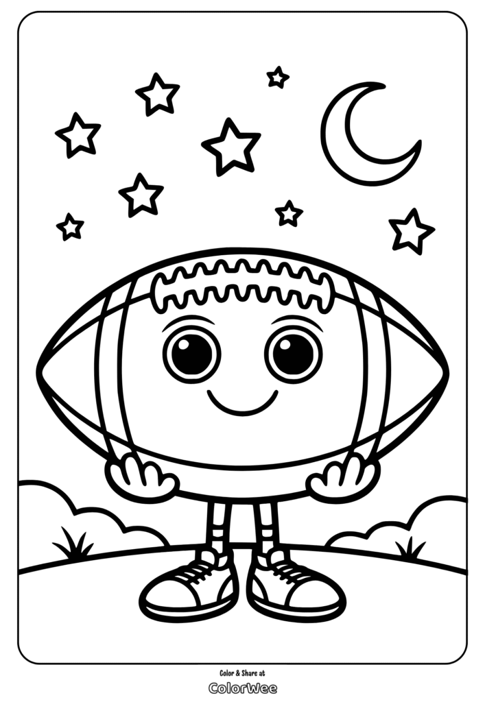 Happy cartoon football coloring page with stars and moon.