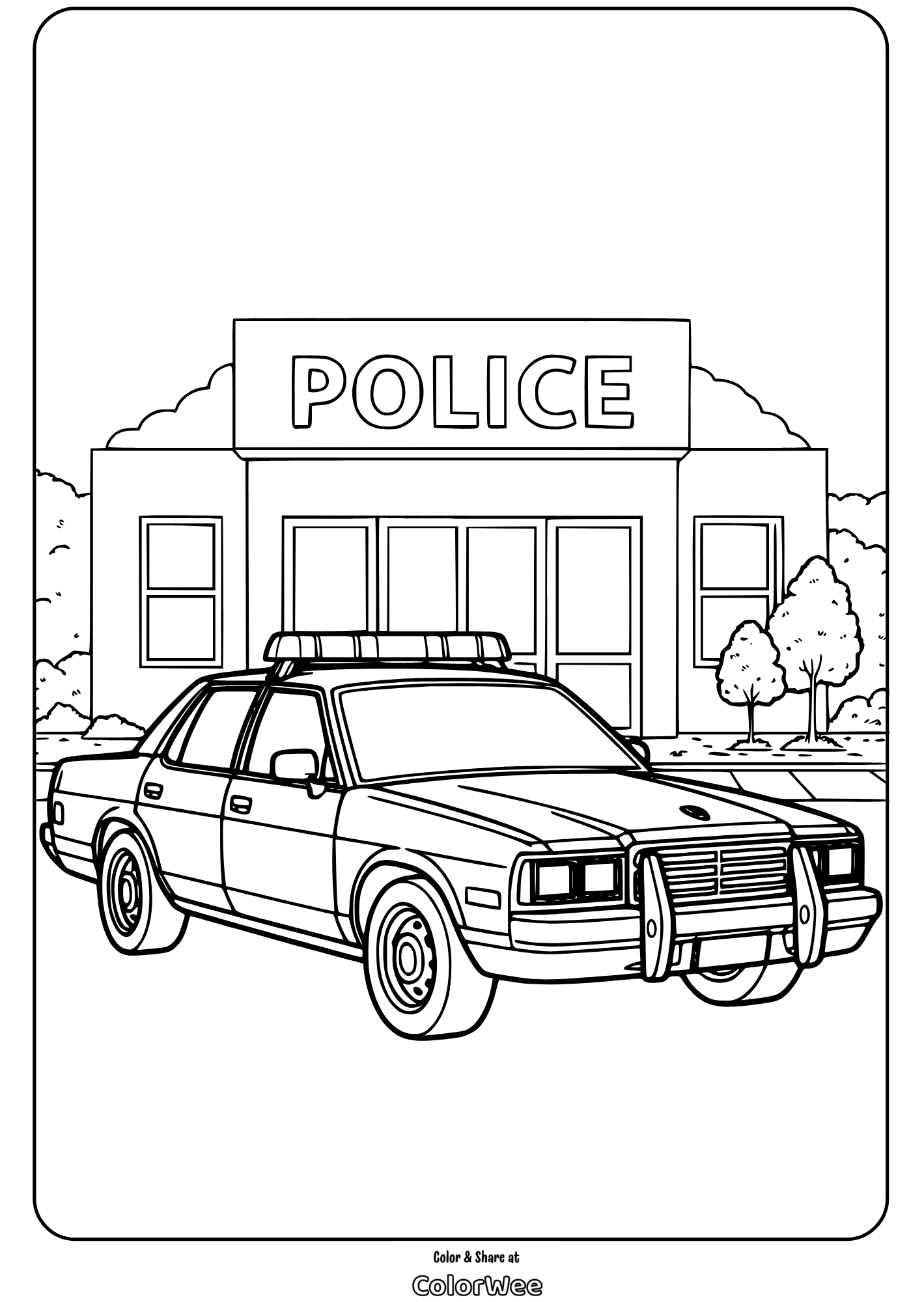 Police station and car coloring page for kids.