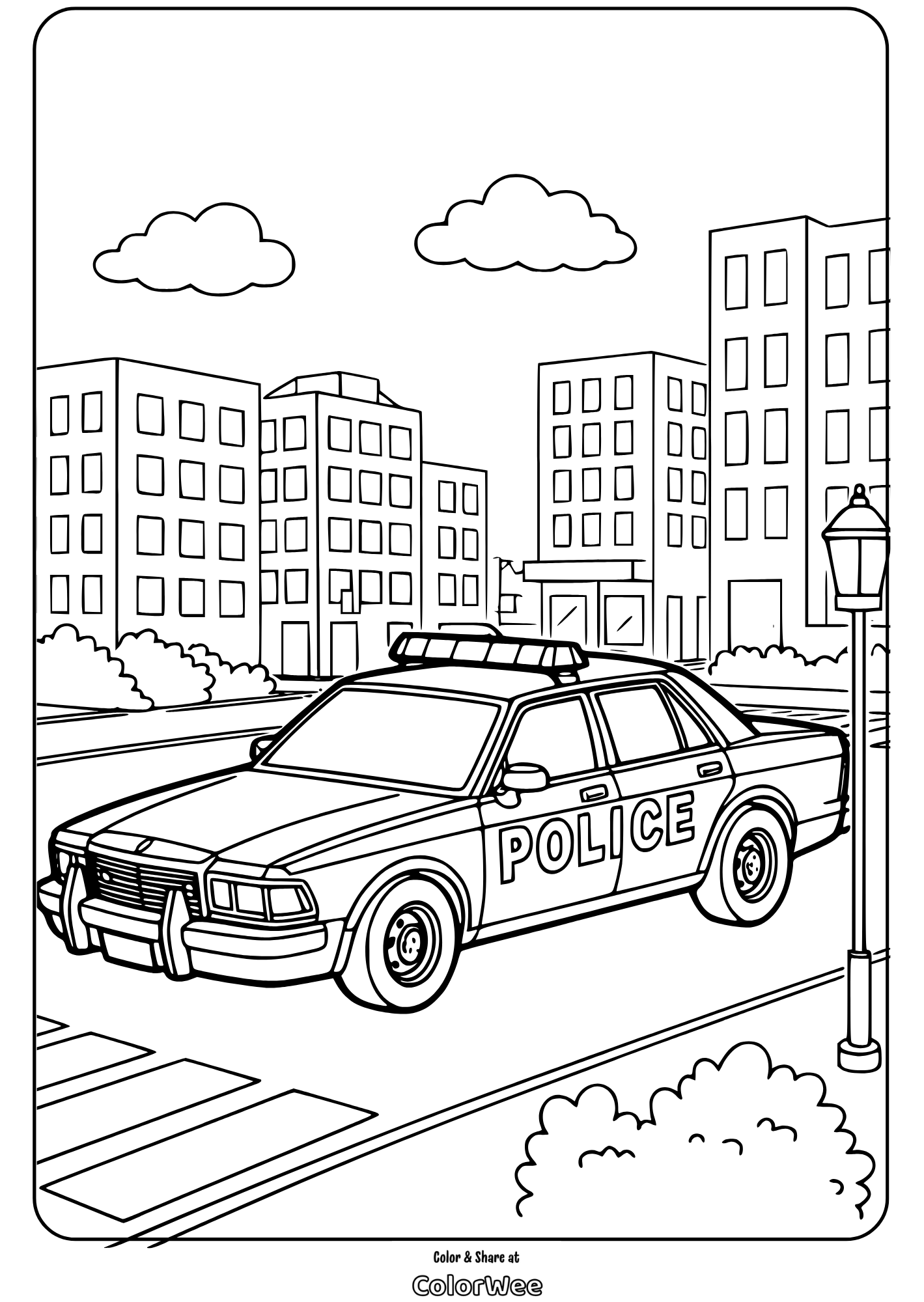 Police car in city street coloring page.