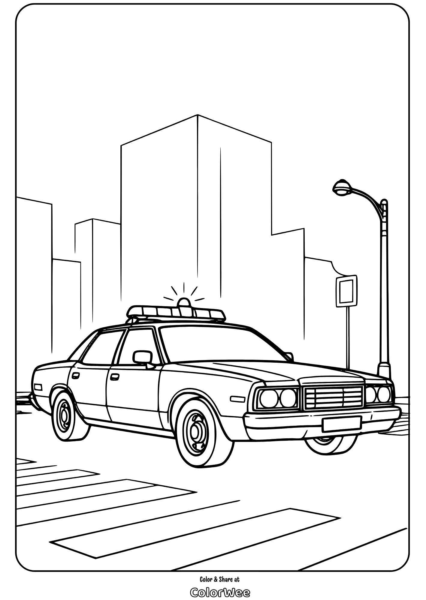 Police car coloring page with city backdrop and street details.