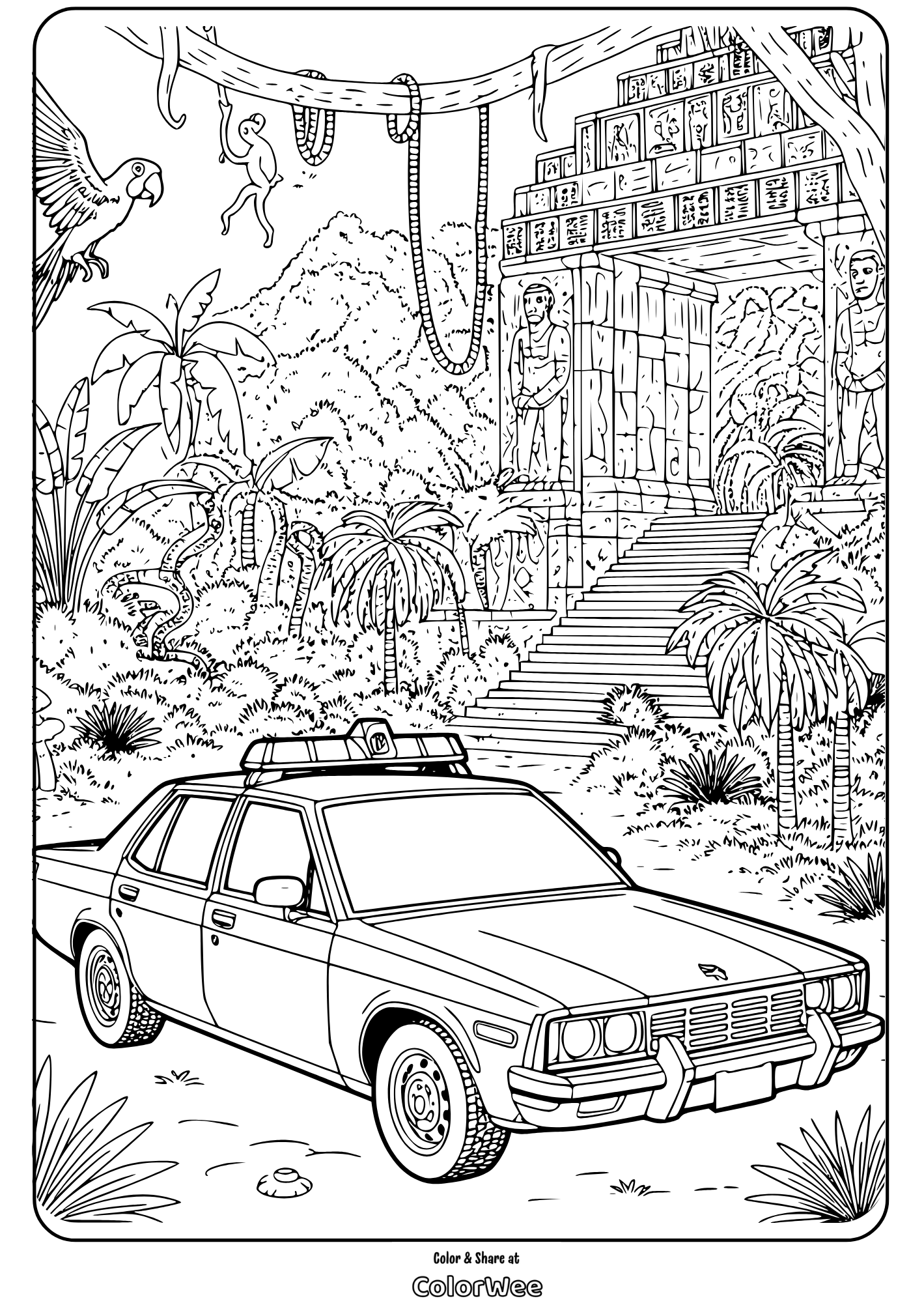 Car in jungle with ancient temple coloring page.