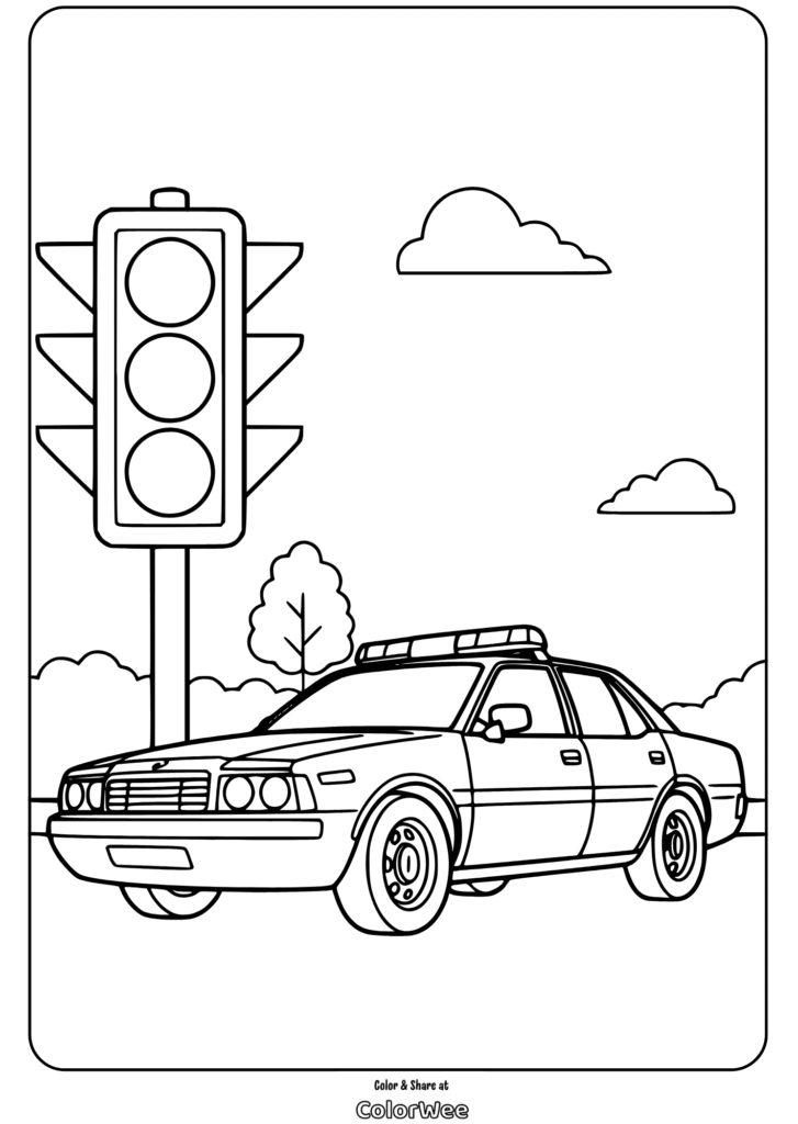 Police car at traffic light coloring page for kids