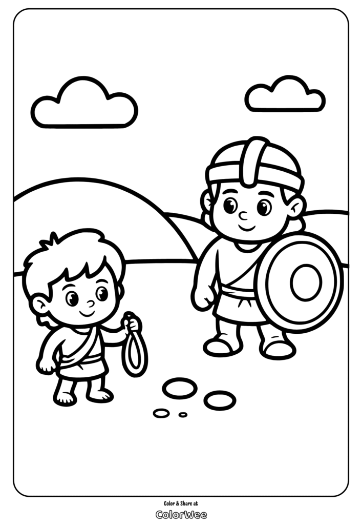 Children's coloring page: young boy with sling, warrior with shield.