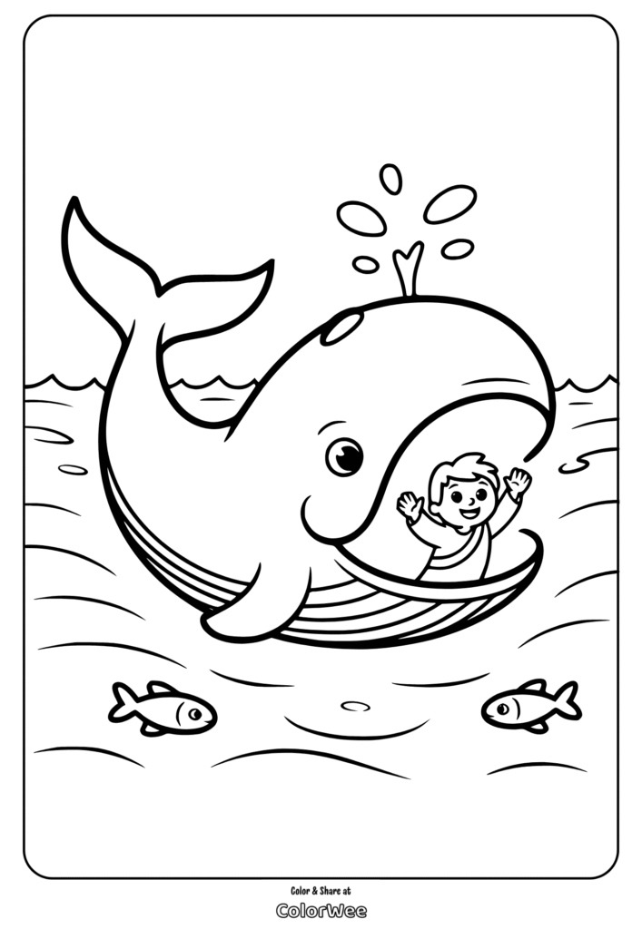 Child smiling inside a friendly whale, ocean coloring page.