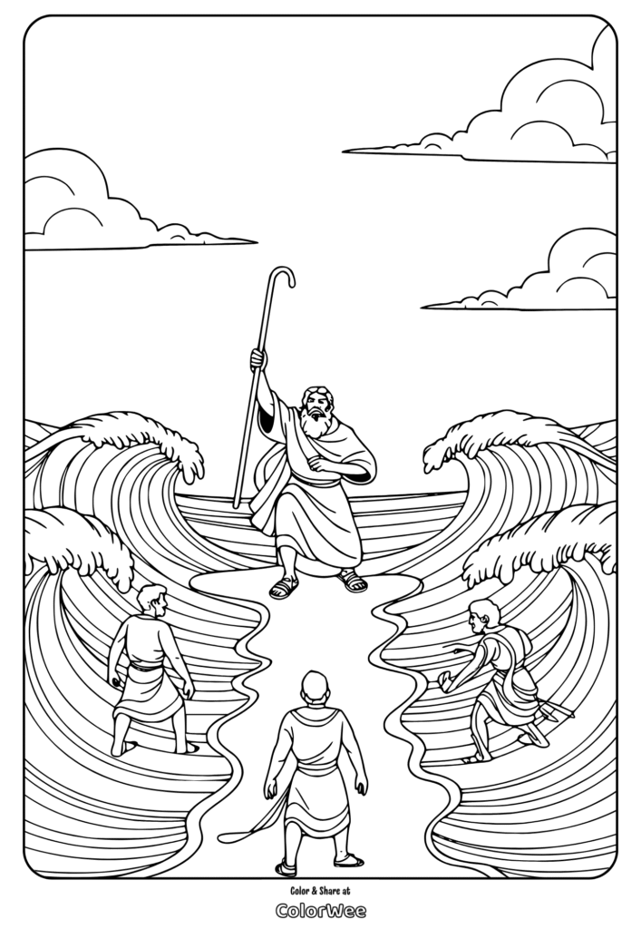 Parting sea coloring page: biblical scene with people crossing.