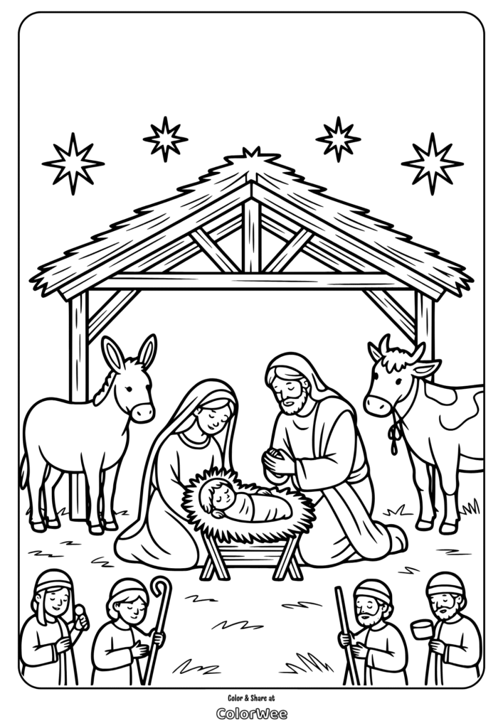 Nativity scene coloring page with stable and animals.