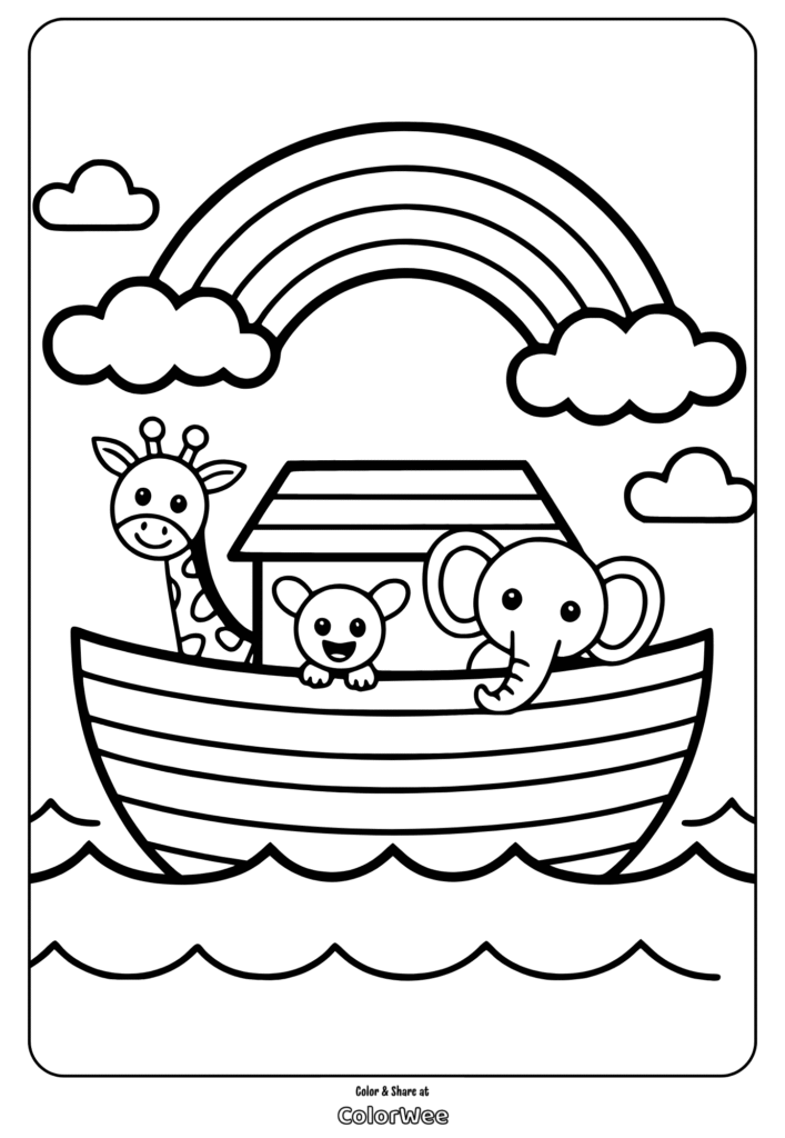 Animals on a boat with a rainbow coloring page.