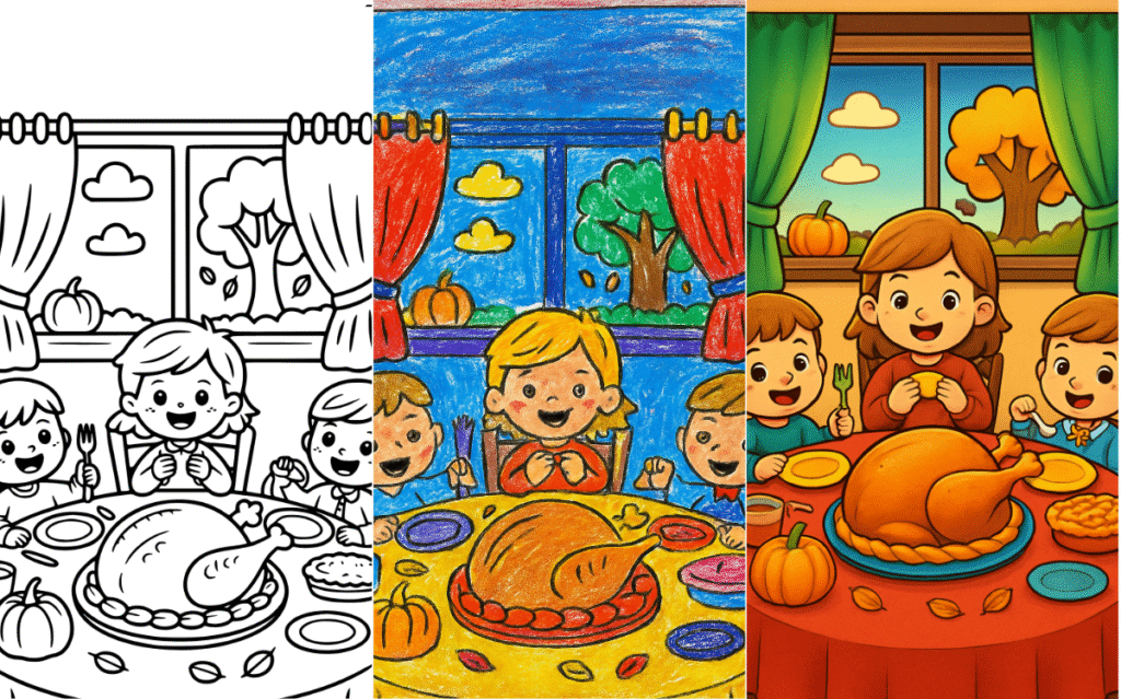 Thanksgiving dinner coloring page with kids and turkey.