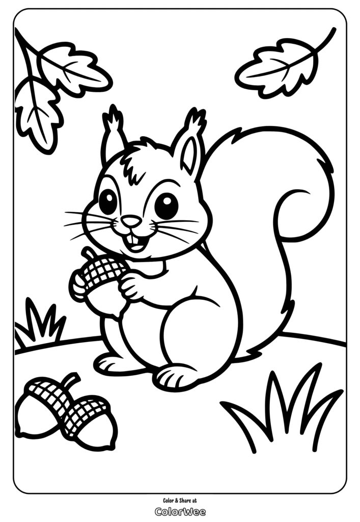 Adorable squirrel holding acorns coloring page.