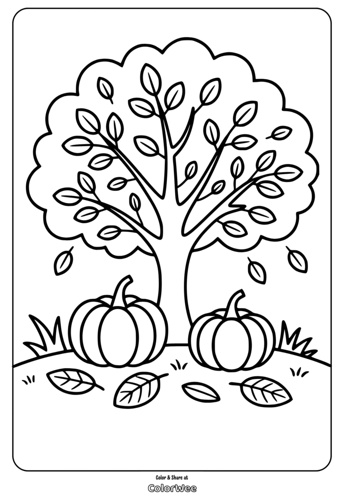 Pumpkin patch under a leafy tree coloring page for children