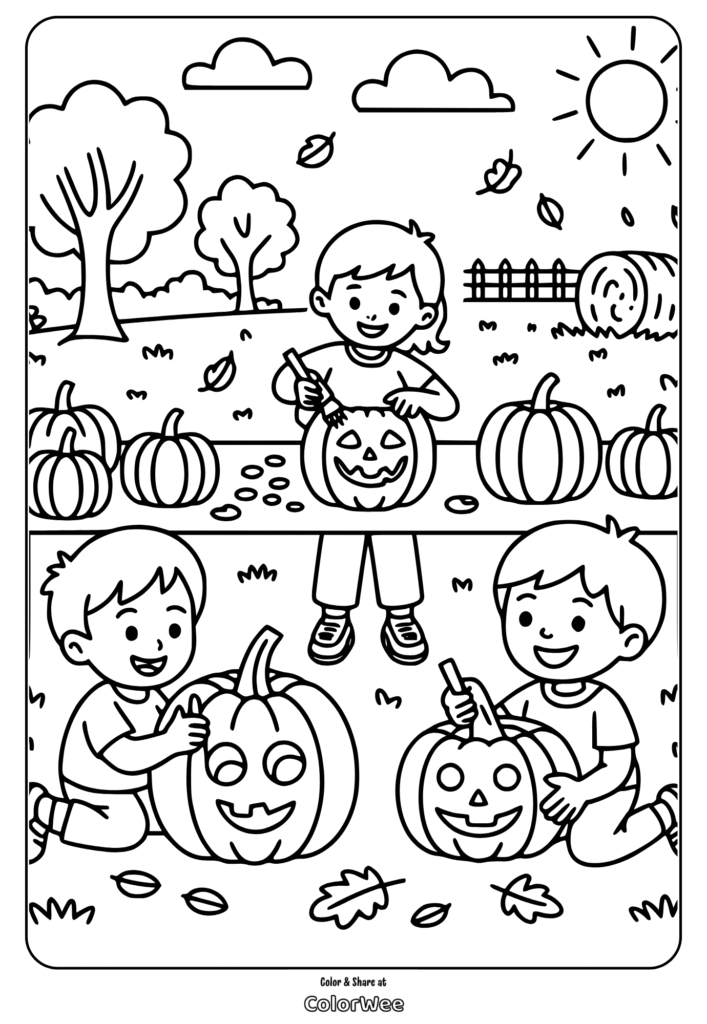 preschool fall pumpkin carving coloring page Kids carving pumpkins in a fall field coloring page.