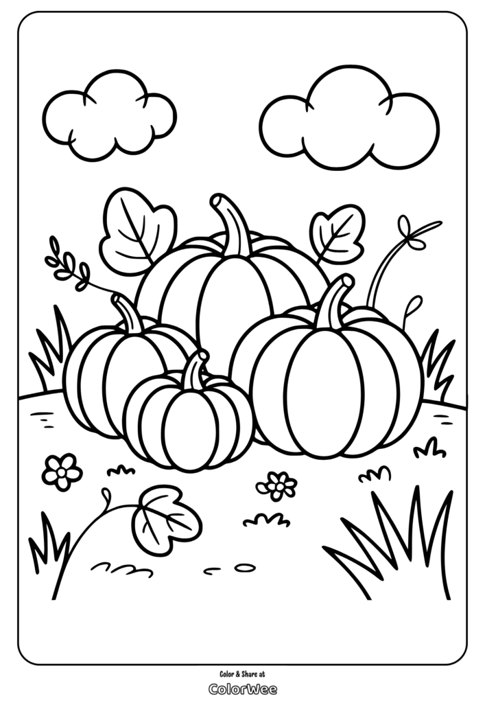 Pumpkin patch coloring page with clouds and leaves.