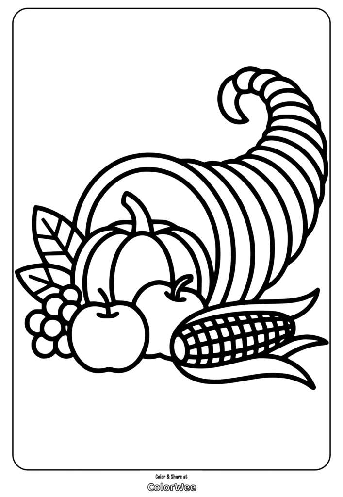 Cornucopia Thanksgiving coloring page with fruits and vegetables.