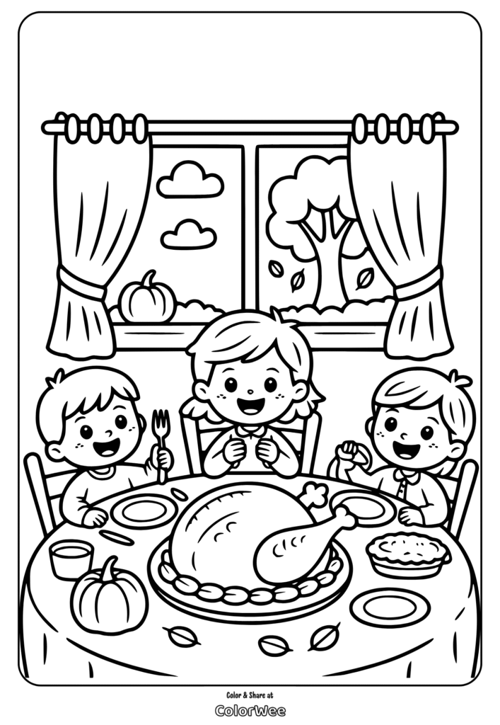 Kids enjoying Thanksgiving meal coloring page
