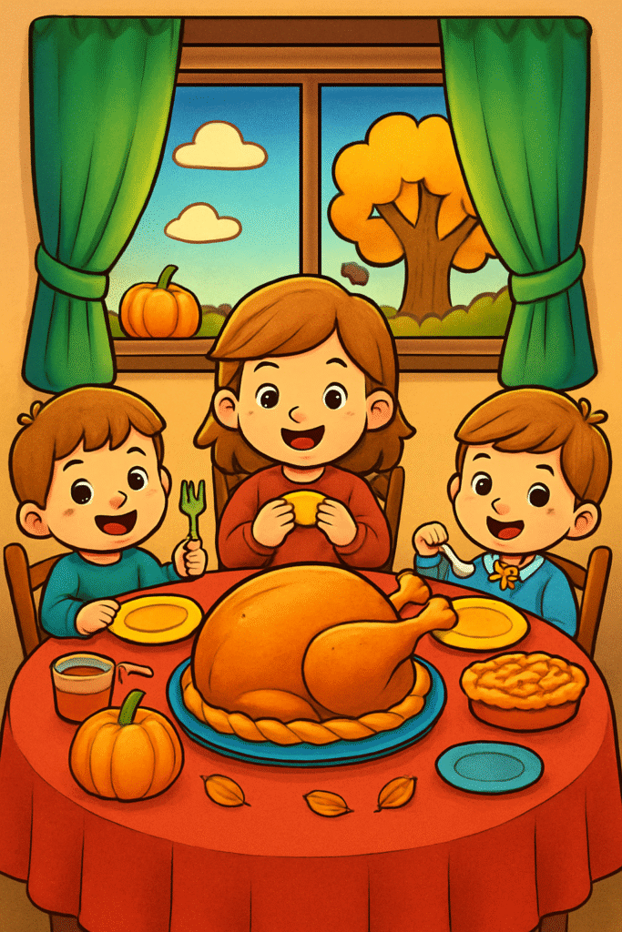 Family Thanksgiving dinner coloring page with turkey and pumpkins.