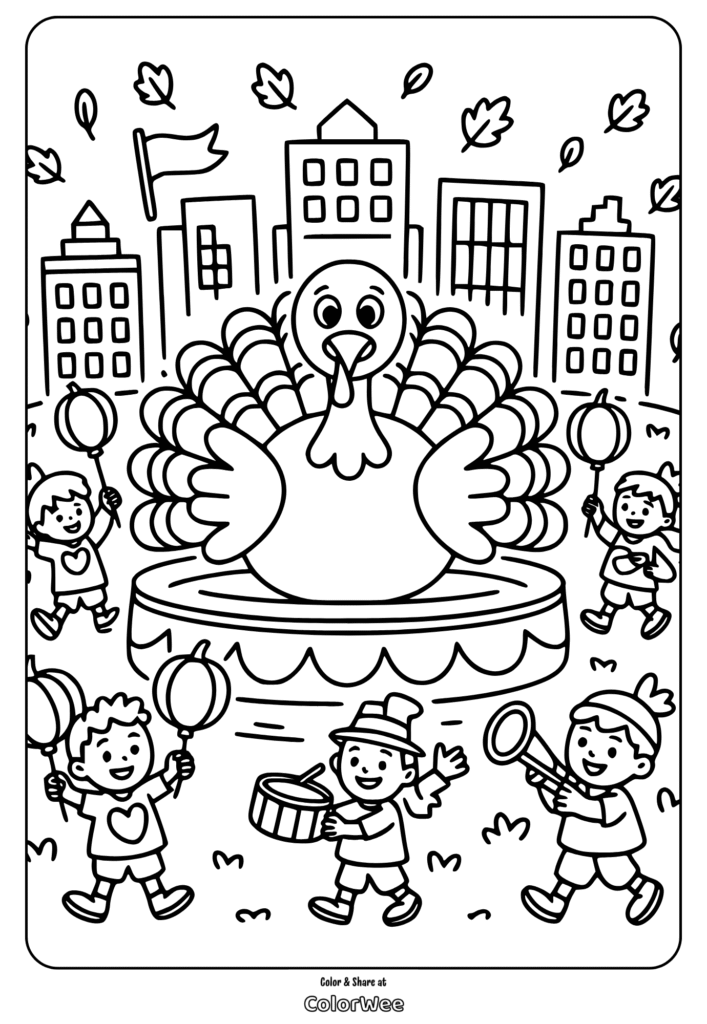 Thanksgiving parade with kids around a big turkey float for coloring.