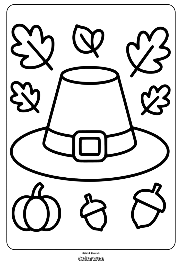 Pilgrim hat and autumn leaves coloring page for Thanksgiving kids activity.