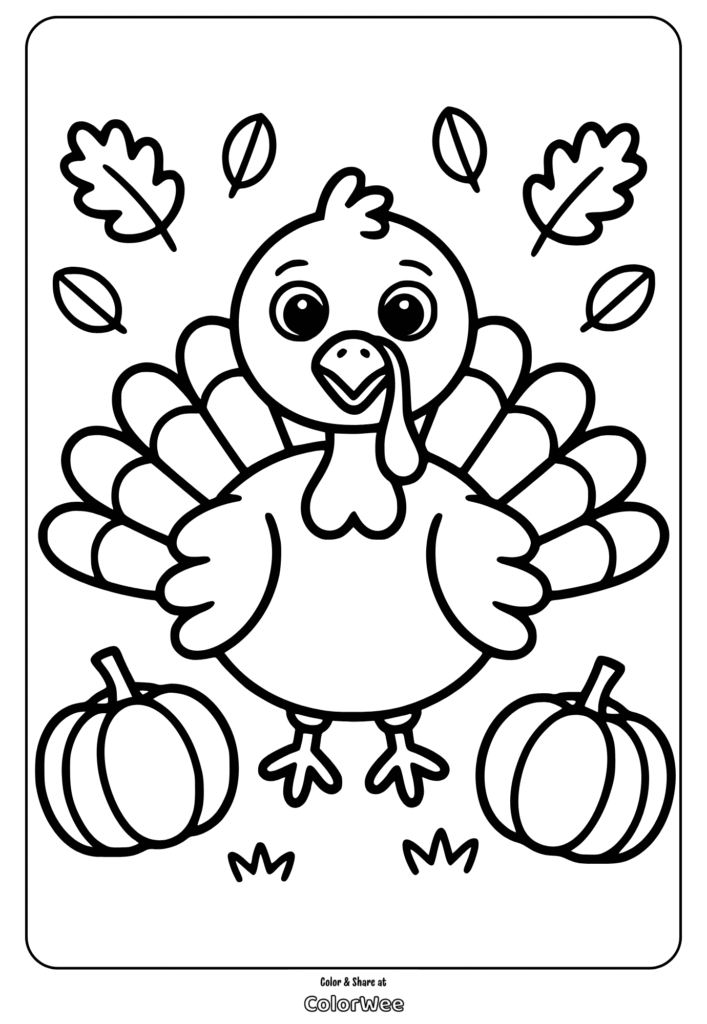 Cute turkey coloring page with pumpkins and leaves, perfect for Thanksgiving fun.