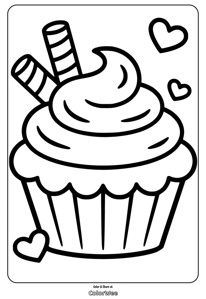 Cupcake coloring page with hearts and striped straws.