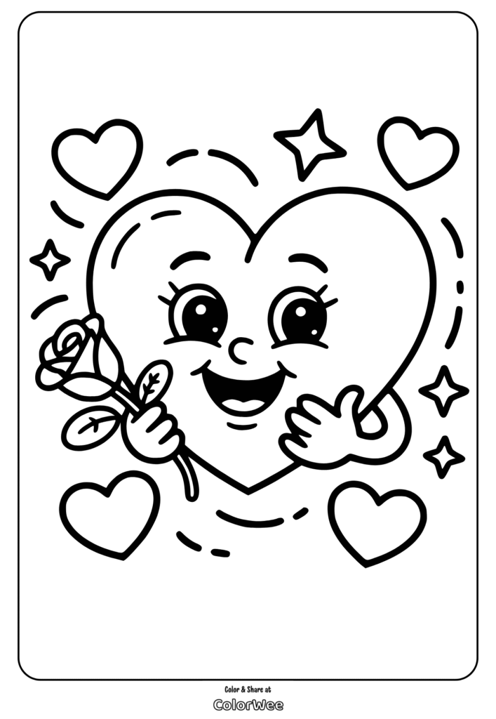Happy heart with flowers and stars coloring page for kids.