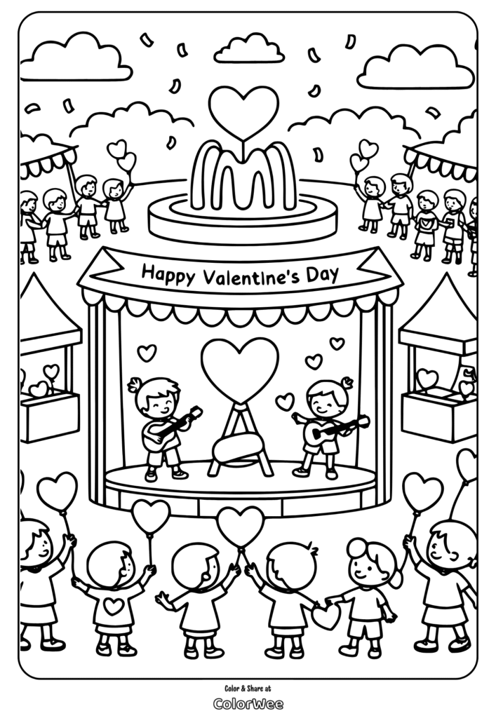 Valentine's Day kids concert coloring page with hearts and stage.