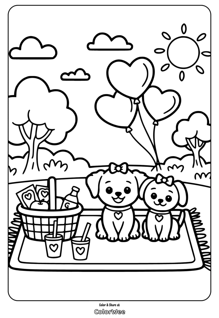 Two cute dogs enjoying a picnic with heart balloons and sun overhead.