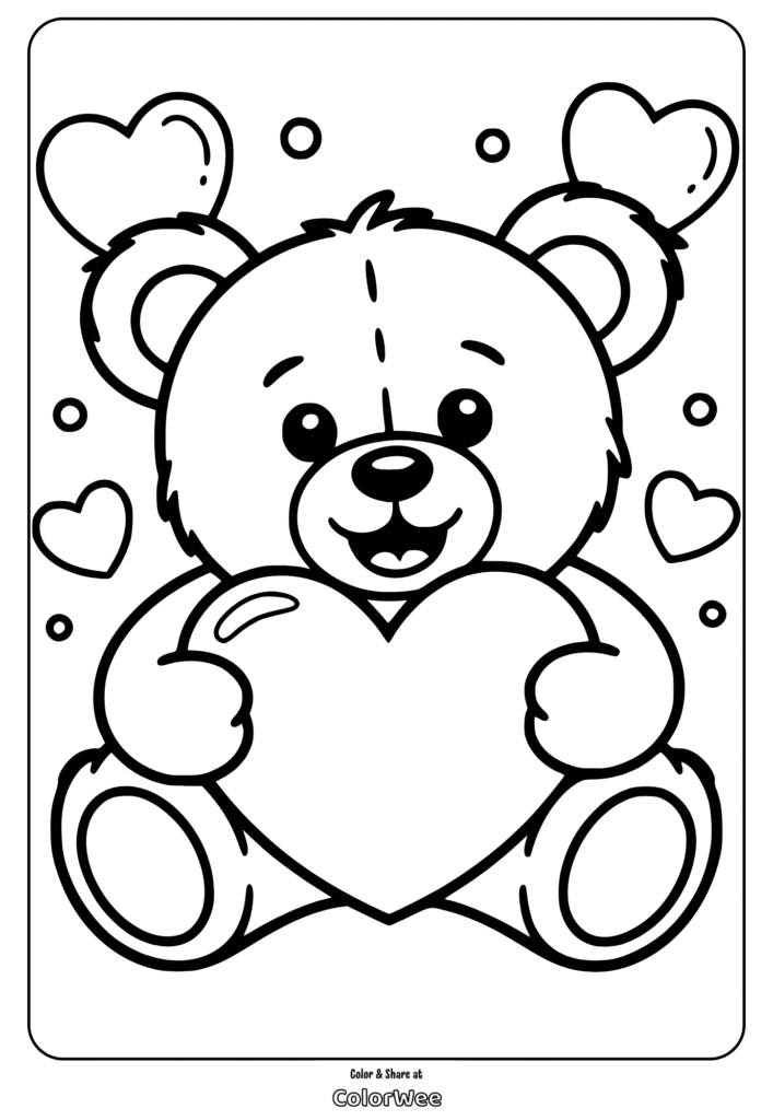 Cute teddy bear holding heart coloring page for kids.