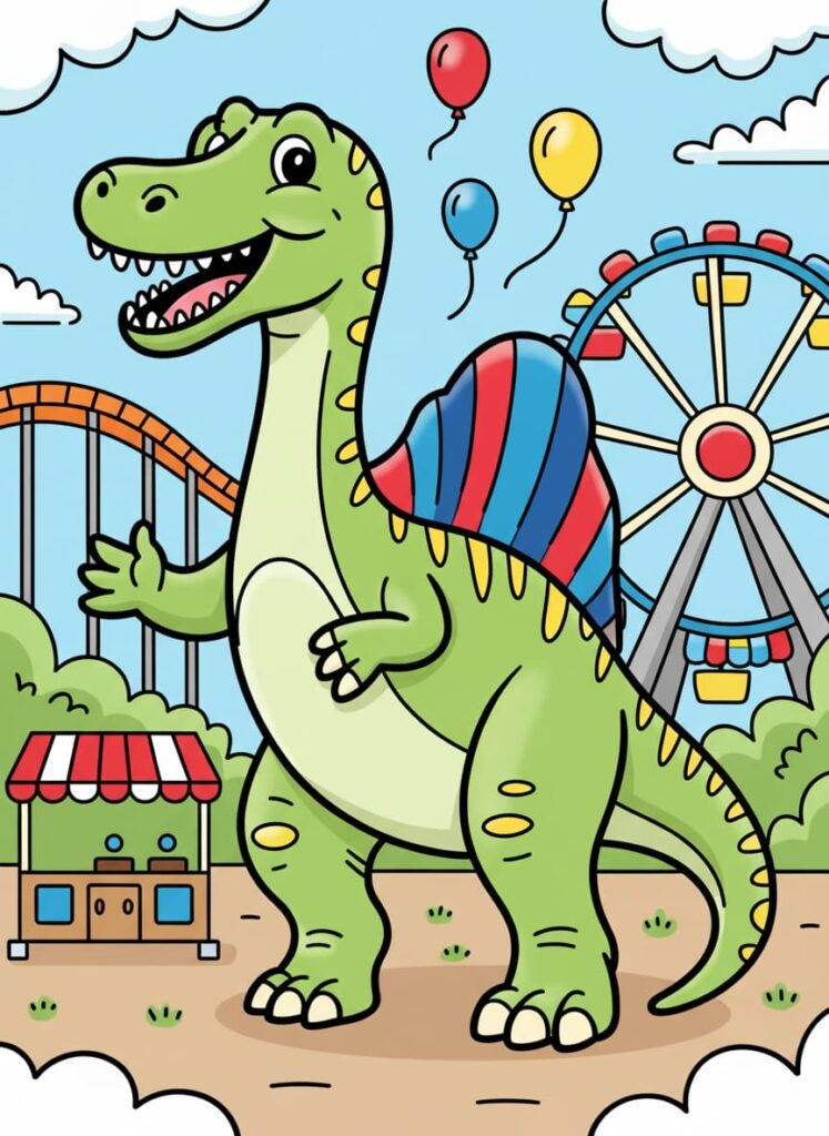 Colorful dinosaur at an amusement park with balloons and Ferris wheel.