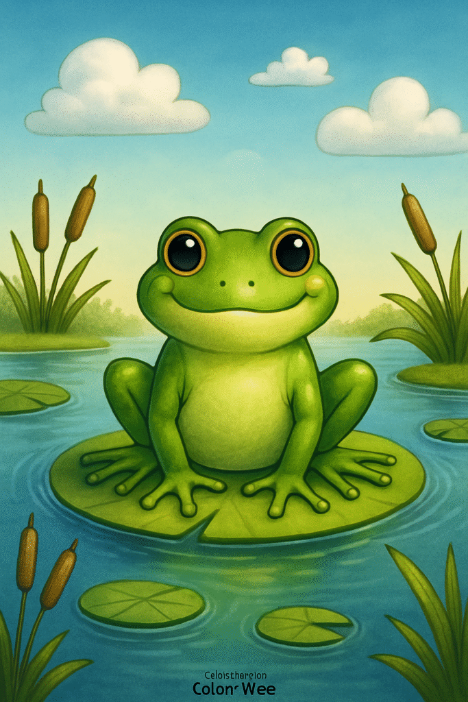Frog on lily pad in pond under blue sky coloring page.