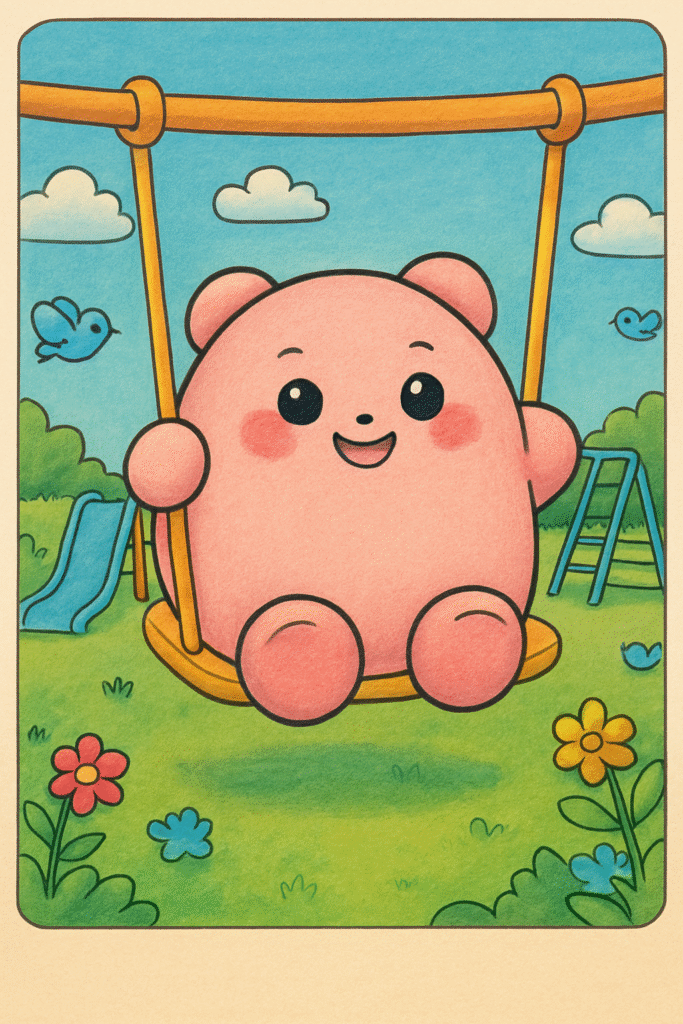 Cute cartoon bear on a swing in a colorful garden.