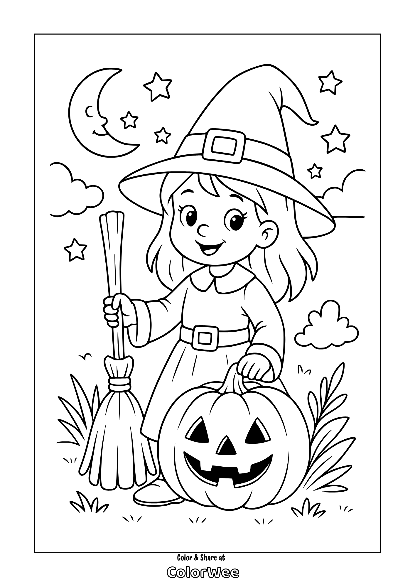 pumpkin and witch coloring page Young witch with broom and pumpkin, Halloween coloring page.