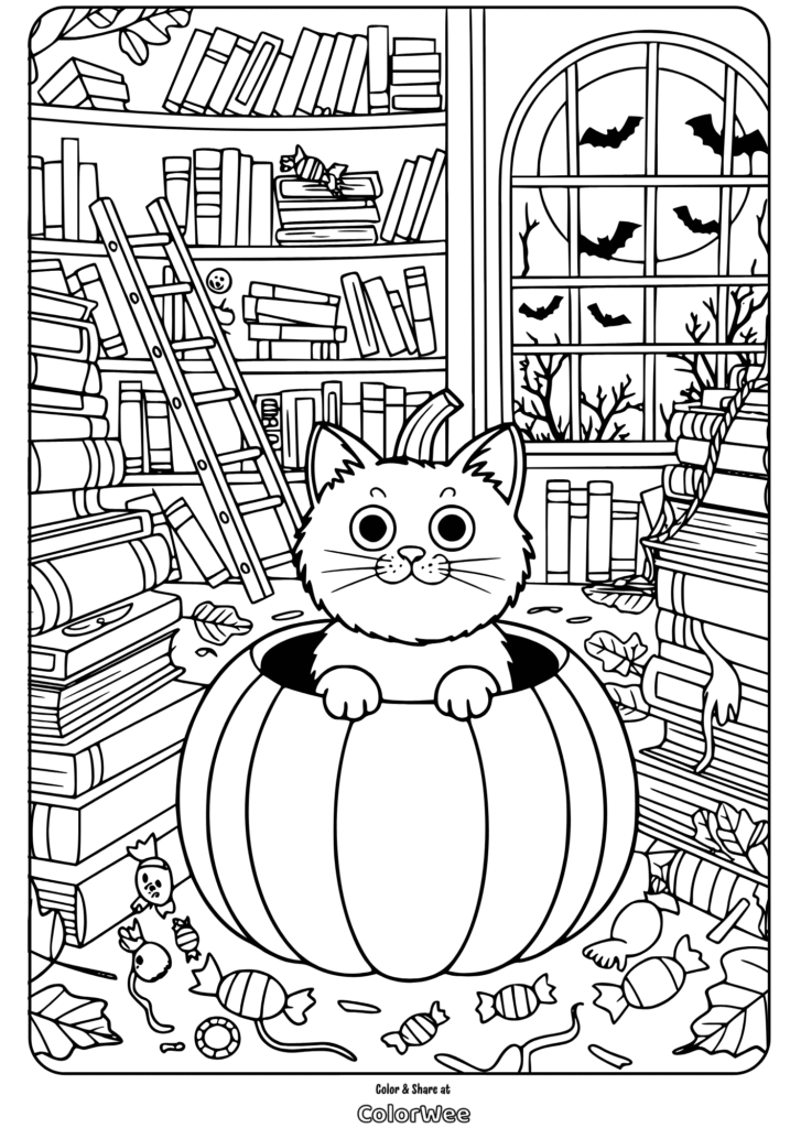 Cat in pumpkin with books and bats in a Halloween coloring page.