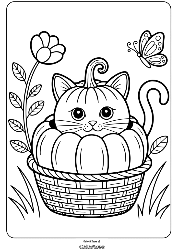 Cute cat in pumpkin basket coloring page with flower and butterfly.