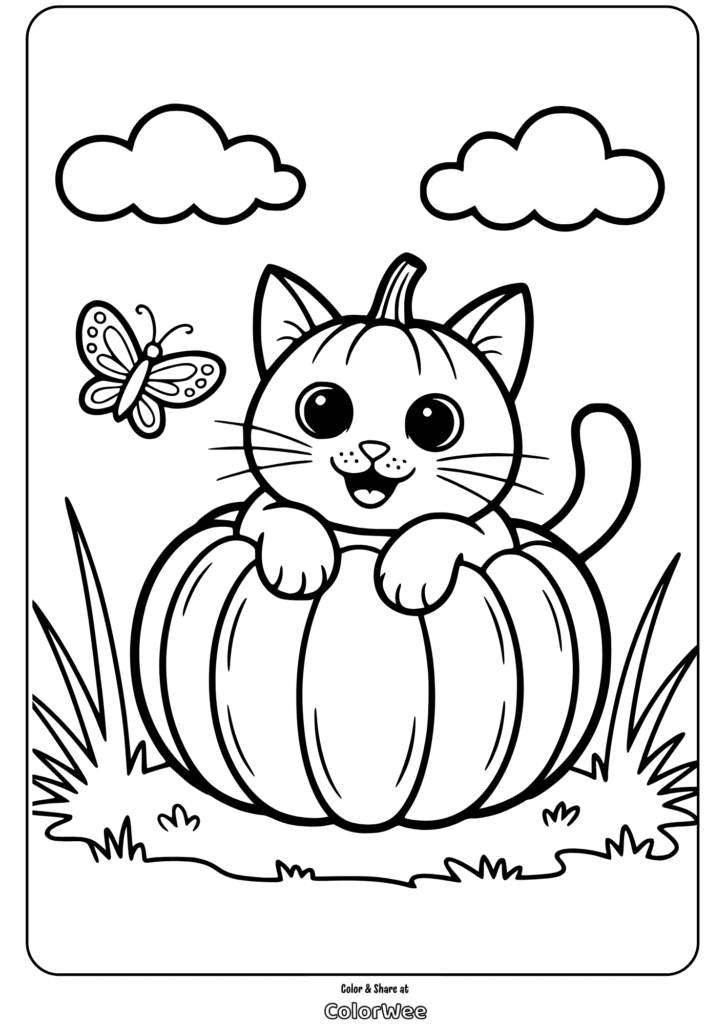 Kitten in pumpkin coloring page with butterfly and clouds.